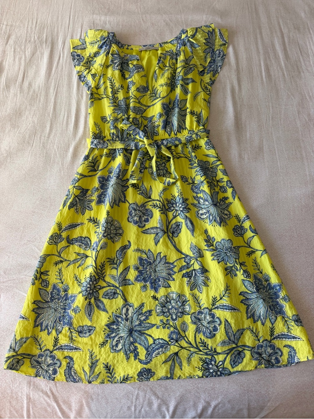 LOFT Yellow Dress with Blue Floral Trim